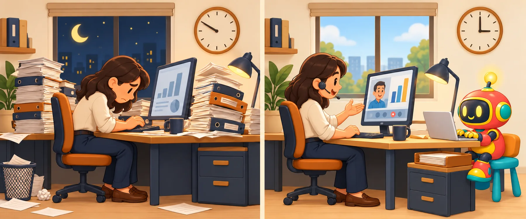 Two scenes of the same finance manager: before, working late among stacks of binders; after, on a video call while a friendly robot works beside her