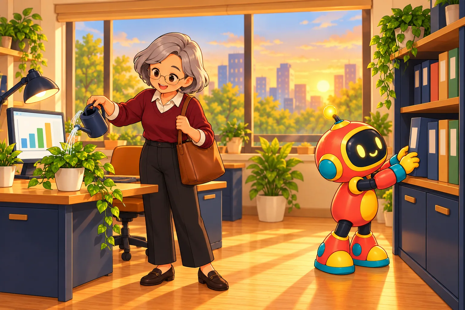 At the end of the day the specialist waters a plant at her tidy desk while the robot files binders into a cabinet