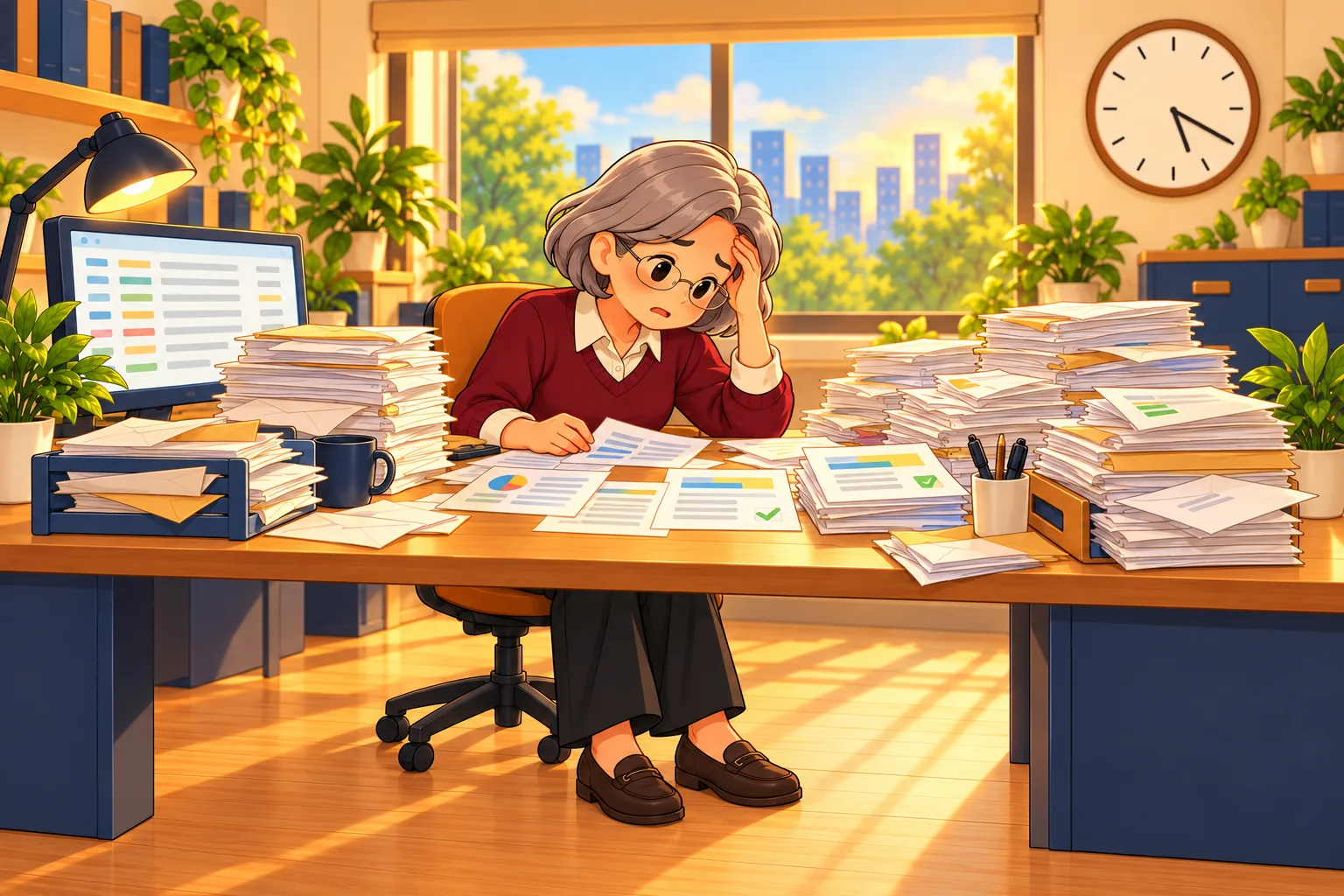 The accounts payable specialist sits late in the day at a desk buried under paper invoices and envelopes
