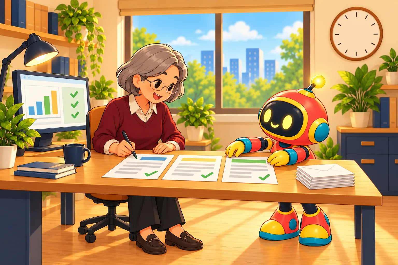 The accounts payable specialist signs off a short sheet while the robot lines up an invoice, an order and a receipt with matching check marks