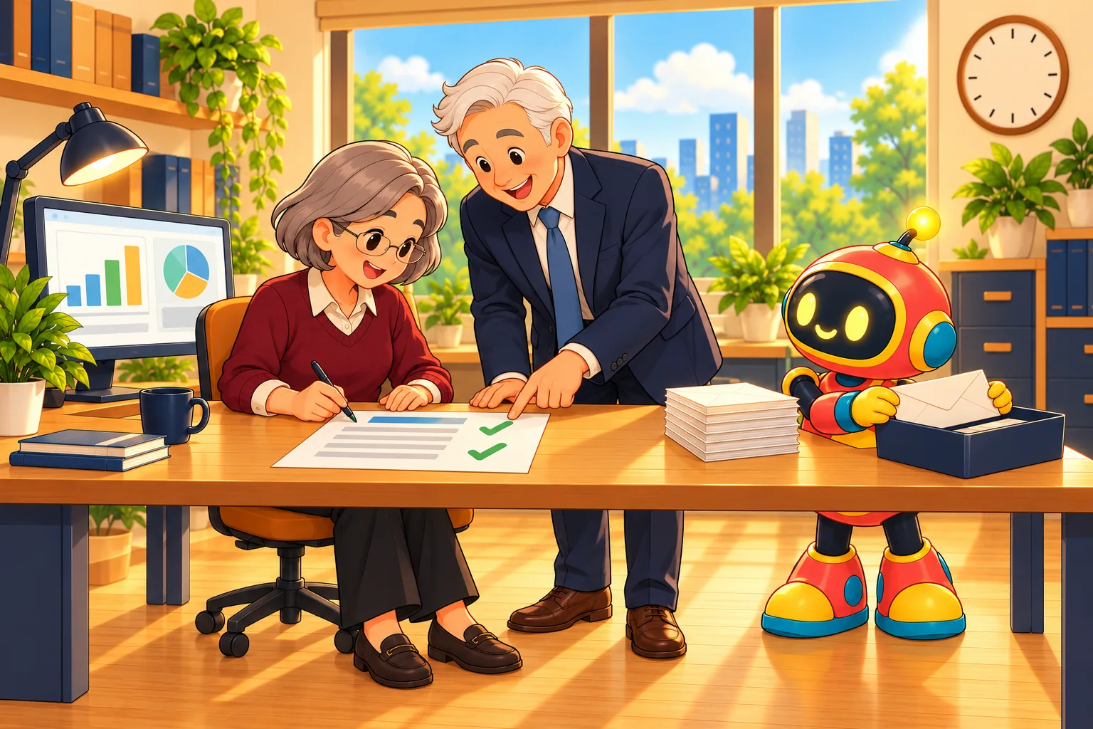 The specialist and the business manager sign an approval sheet while the robot stands by a stack of sealed envelopes