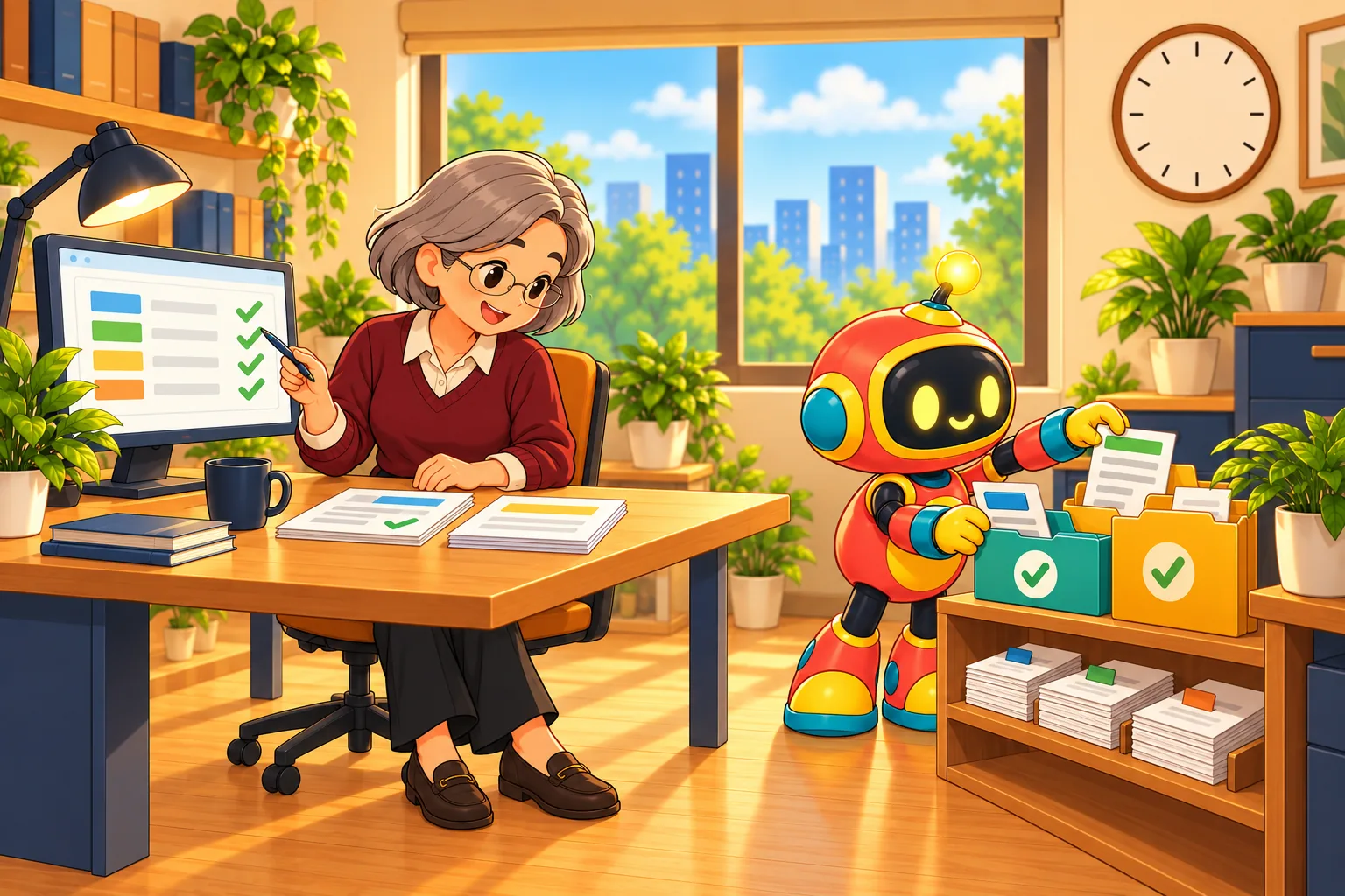 The robot tags invoices and slides them into approval folders while the specialist reviews a short list on her monitor