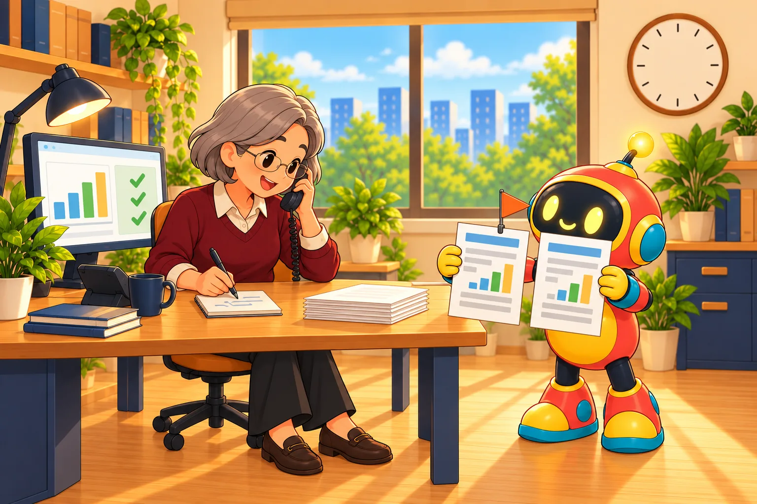 The robot holds up two nearly identical invoices with a flag between them while the specialist talks to a vendor on the phone