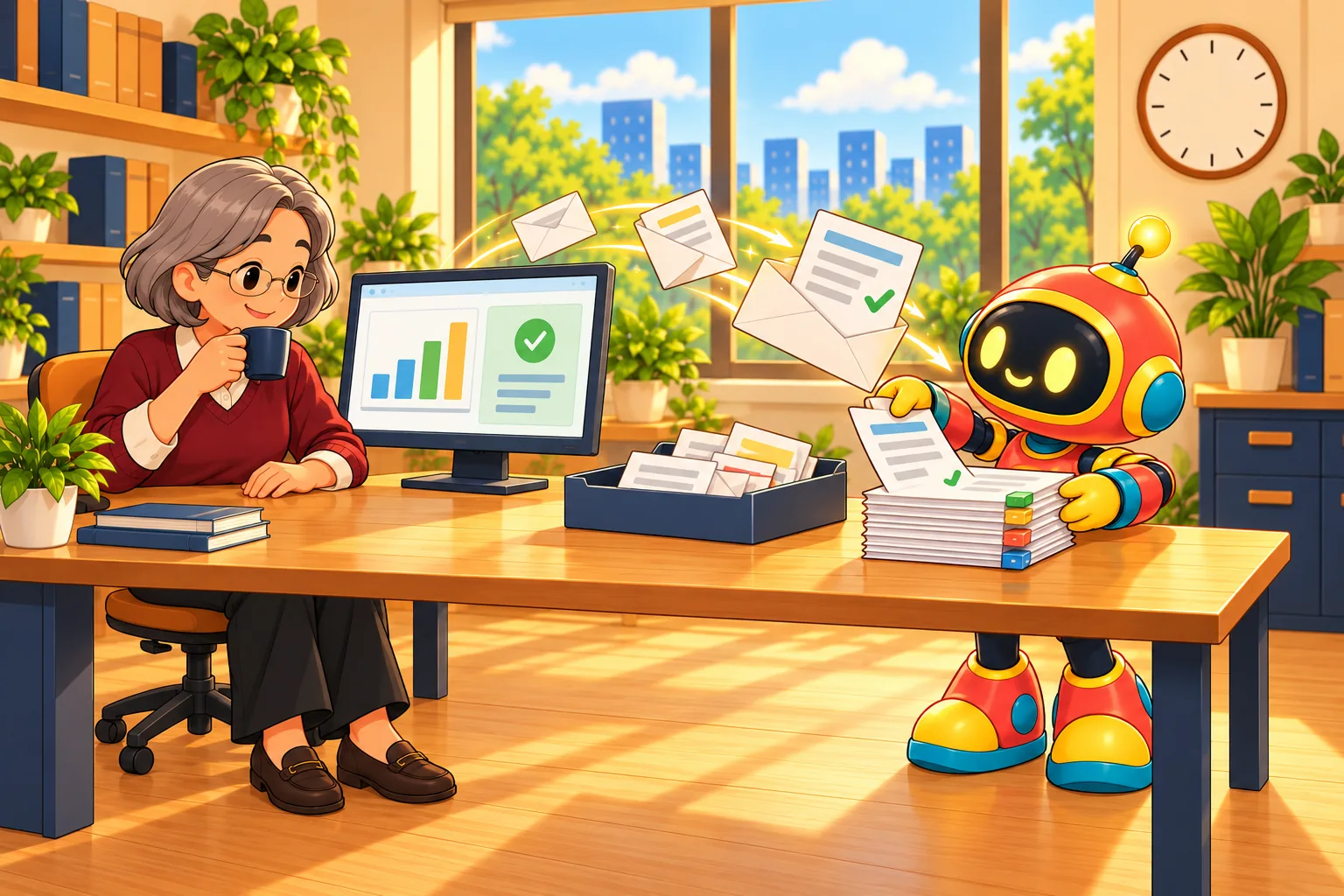 The robot stacks incoming invoices into one tidy queue while the specialist sips tea