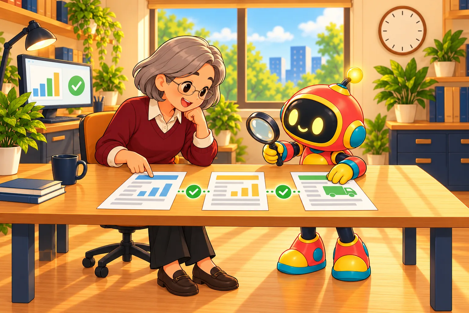 On a light table the robot lines up an invoice, an order and a delivery slip joined by check marks while the specialist leans in