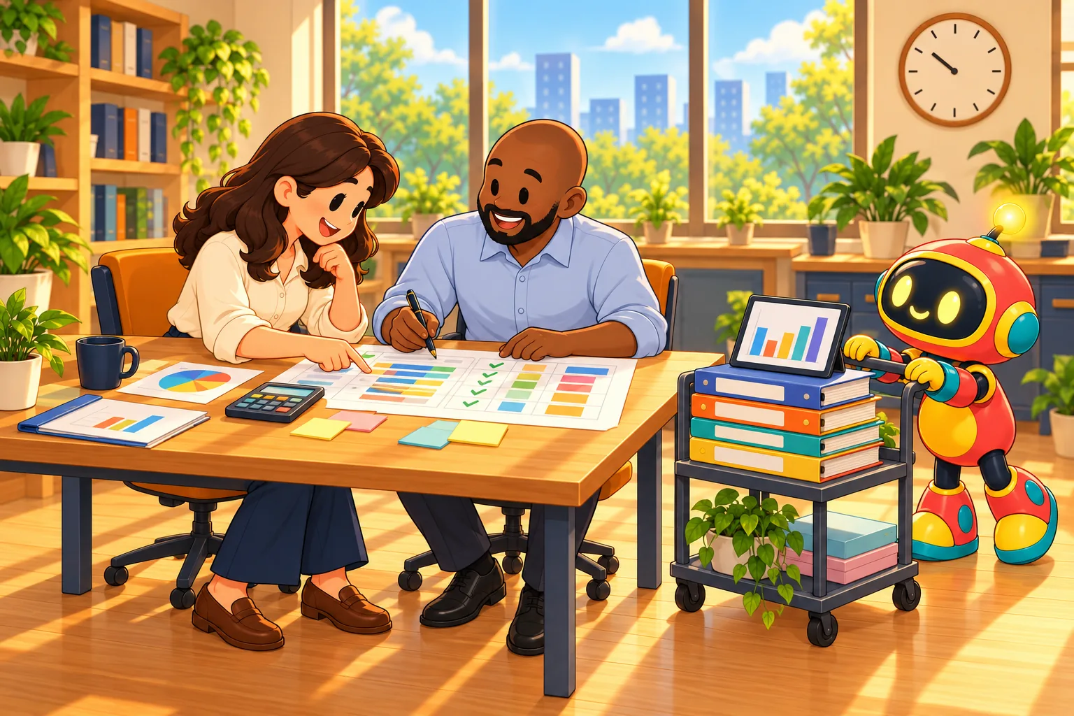 The finance manager and a principal plan next year's budget at a table while the robot rolls in a cart of binders