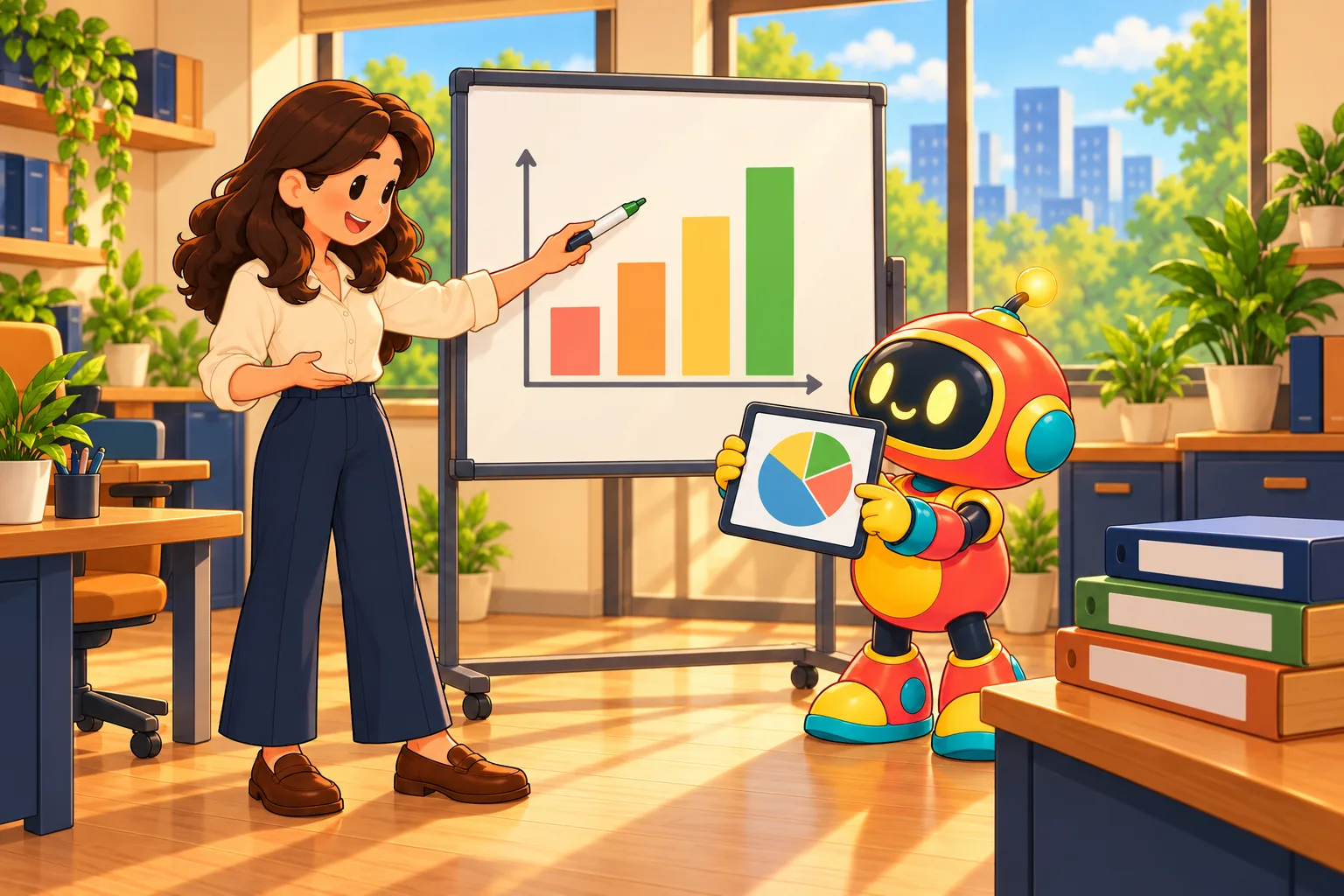The finance manager points to a rising bar chart on a whiteboard while the robot holds up a tablet with a pie chart