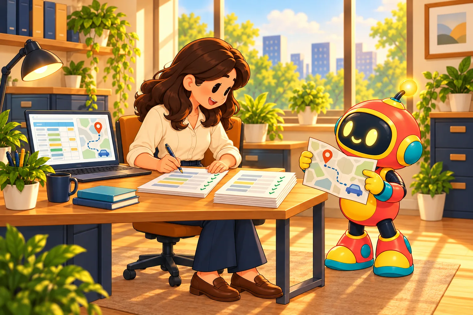 The finance manager signs off a short list while the robot checks a mileage log against a map