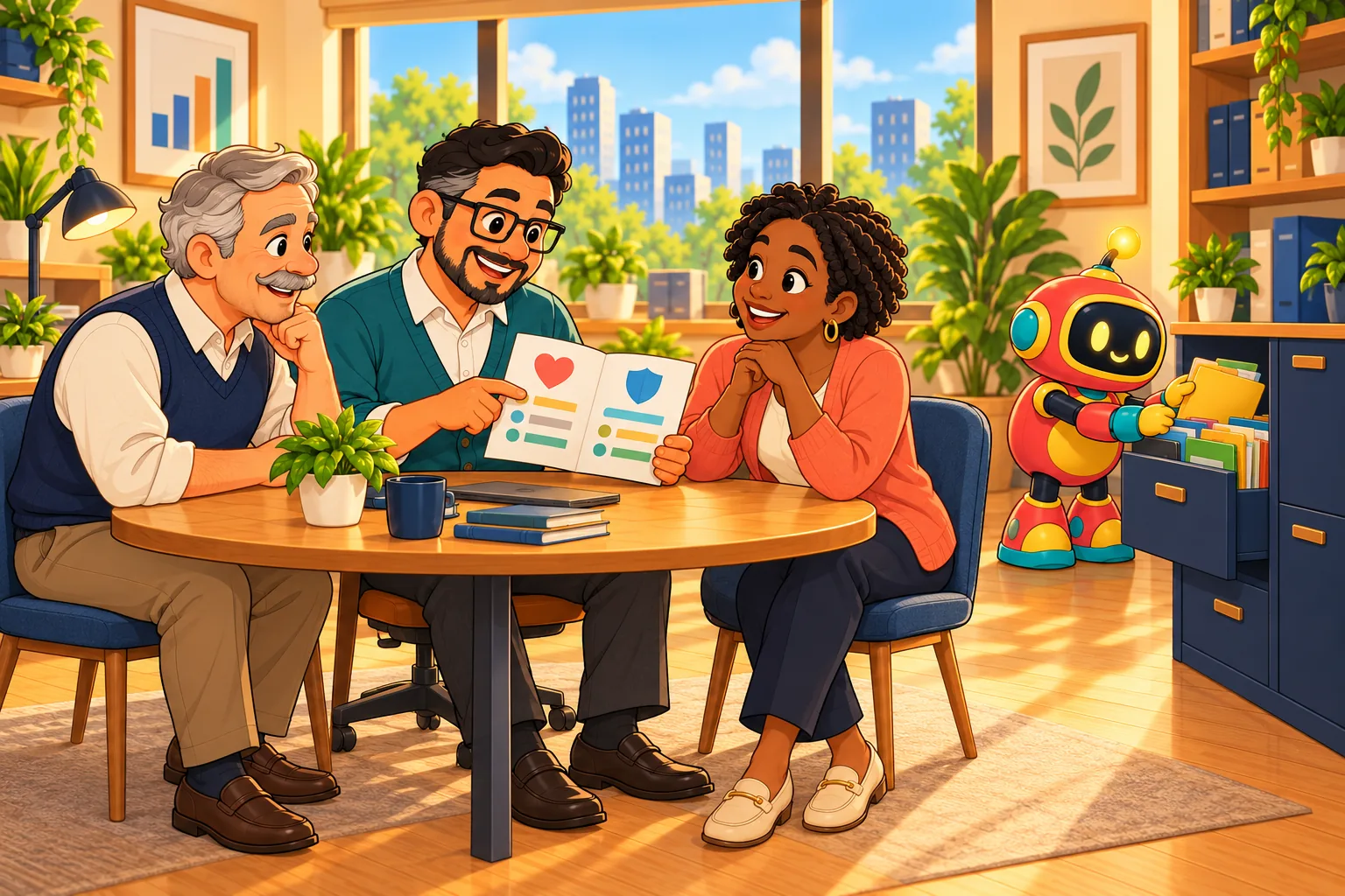 The coordinator talks with two teachers at a round table about a benefits brochure while the robot files folders in the background