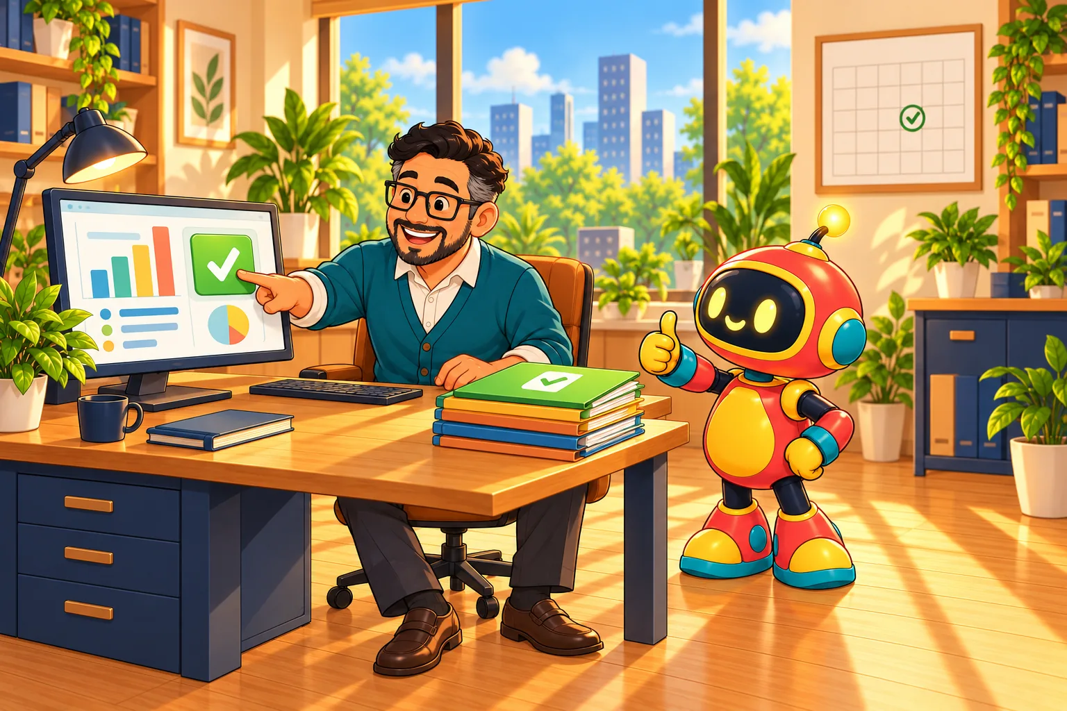 The coordinator presses an approve button on his screen while the robot gives a thumbs up beside a calendar with a checked day