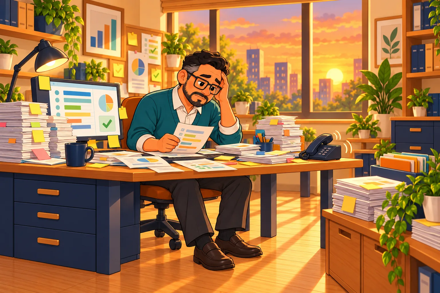 The payroll coordinator sits alone at a cluttered desk late in the day, surrounded by stacks of timesheets, with the phone ringing