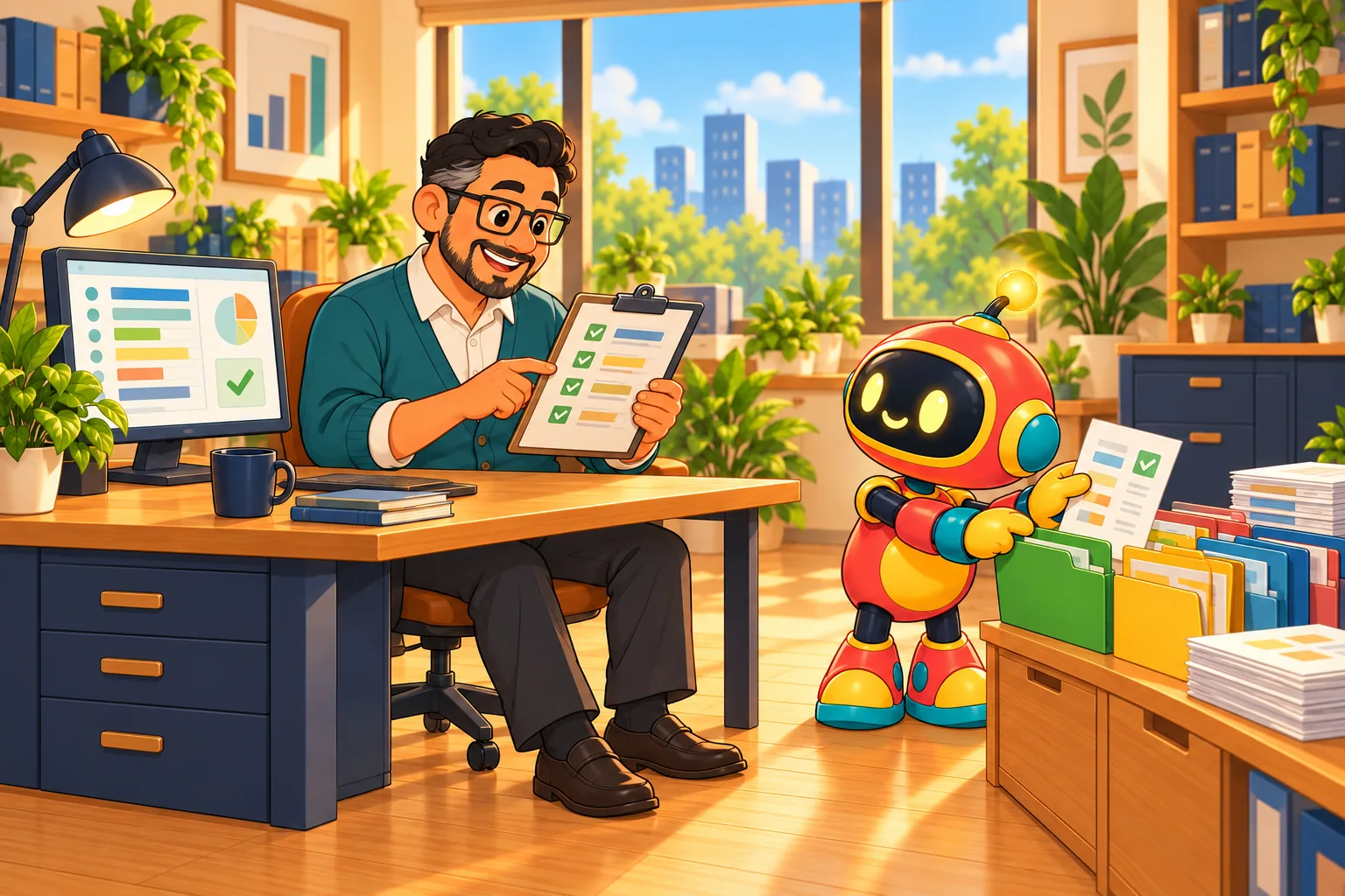 The payroll and HR coordinator reviews a short list on a clipboard while the robot files timesheets into colour-coded folders