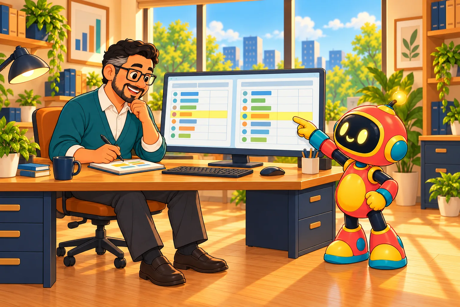 The robot points at a highlighted row on a large monitor while the coordinator reviews it with a pen