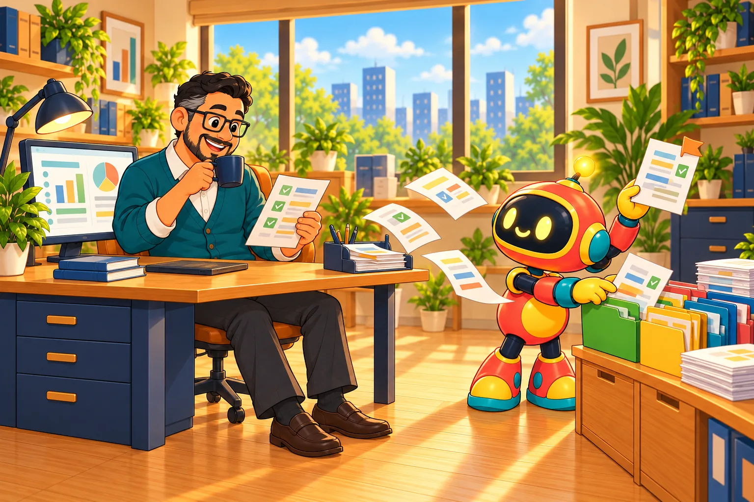 The robot catches forms floating out of an inbox tray and files them into folders while the coordinator reads a short list over coffee