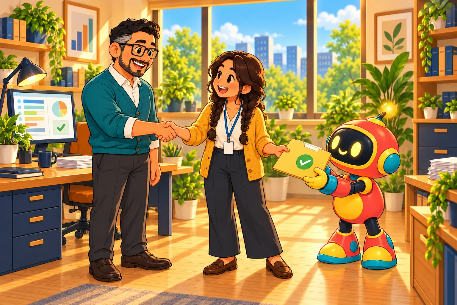 The robot hands a new teacher a welcome folder while the coordinator shakes her hand