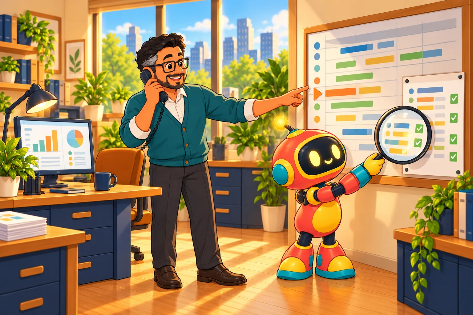The robot holds a magnifying glass over a timesheet beside a wall schedule while the coordinator talks on the phone