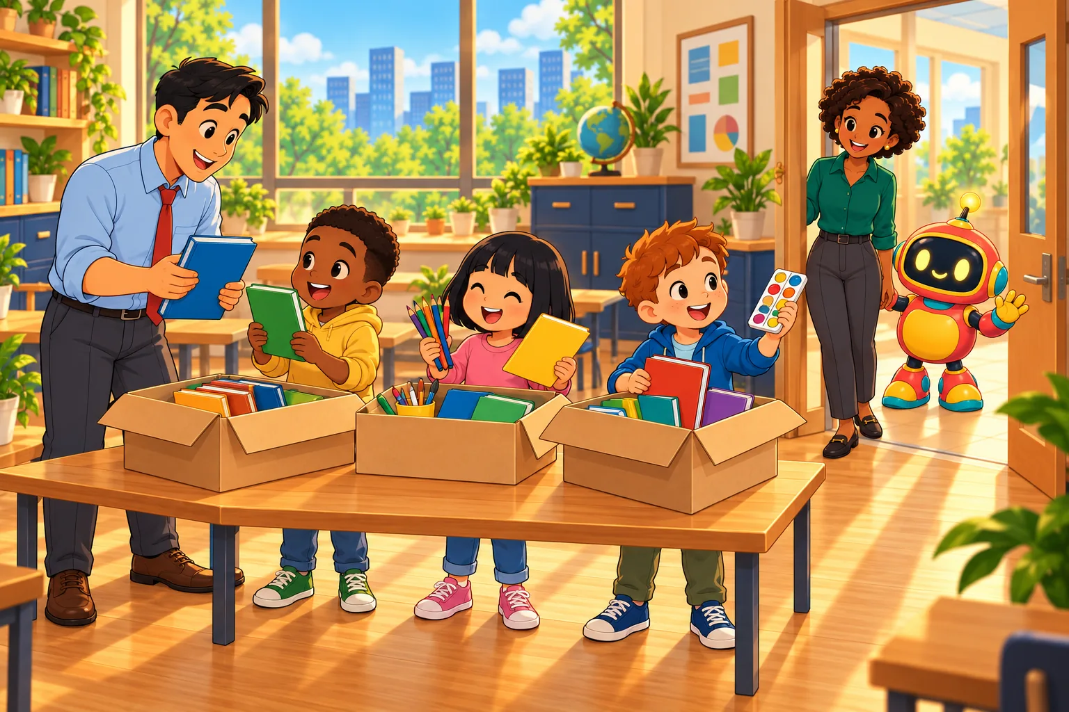 A teacher and three students unpack new books and art supplies while the operations manager smiles from the doorway
