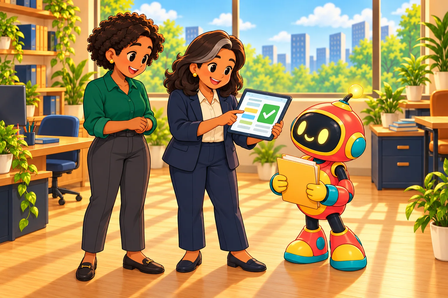 A principal approves a request on a tablet while the robot holds a folder and the operations manager looks on