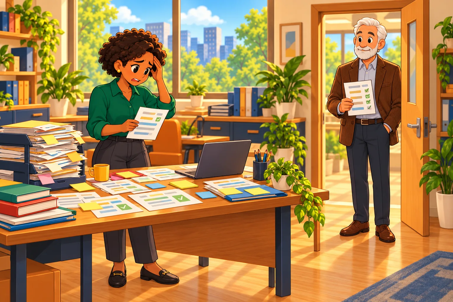 The operations manager stands at a desk covered in sticky notes and request slips while a teacher waits in the doorway