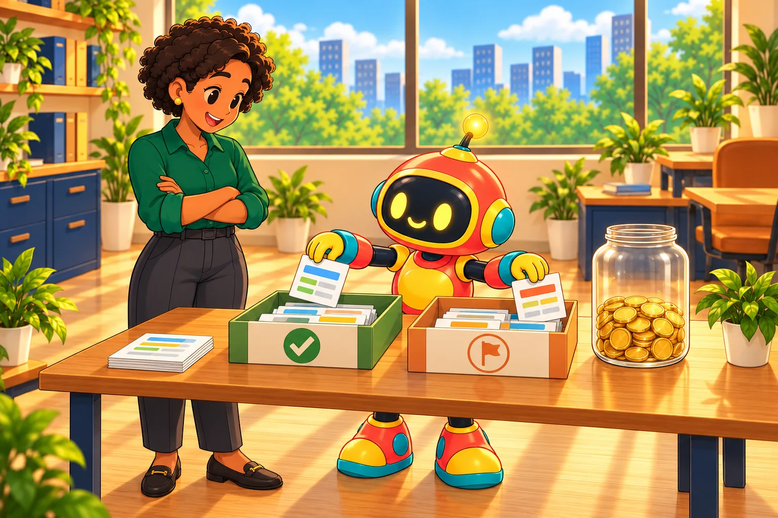 The robot sorts request cards into two trays beside a jar of coins that stands for the budget left