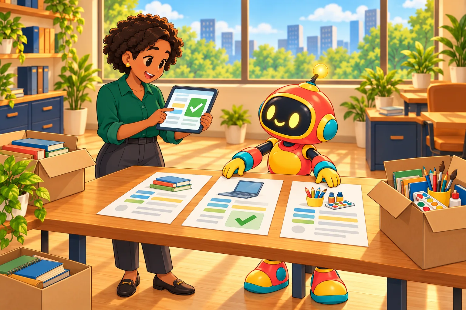 The operations manager approves a request on a tablet while the robot lays out three supplier quotes, one marked with a check