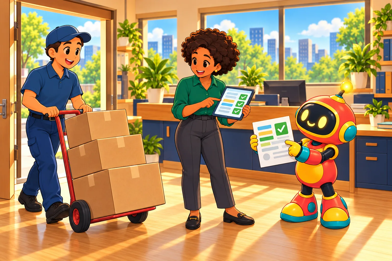 A delivery person wheels in boxes while the robot holds a checked document and the operations manager ticks them off on a tablet