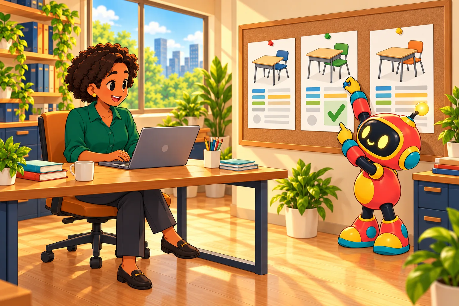 The robot pins three supplier quotes to a corkboard and points to the one with a check while the operations manager compares on her laptop