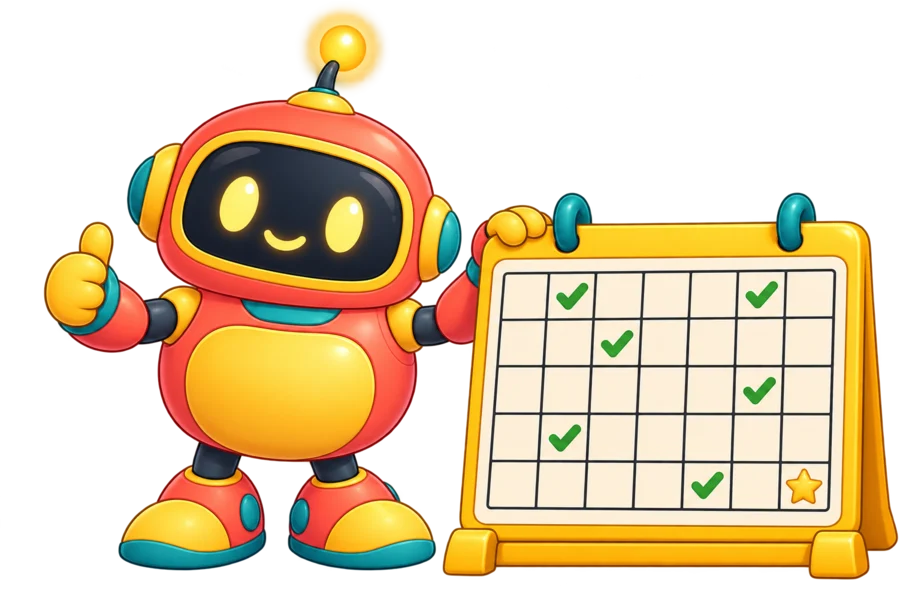 A robot gives a thumbs up beside a calendar full of check marks