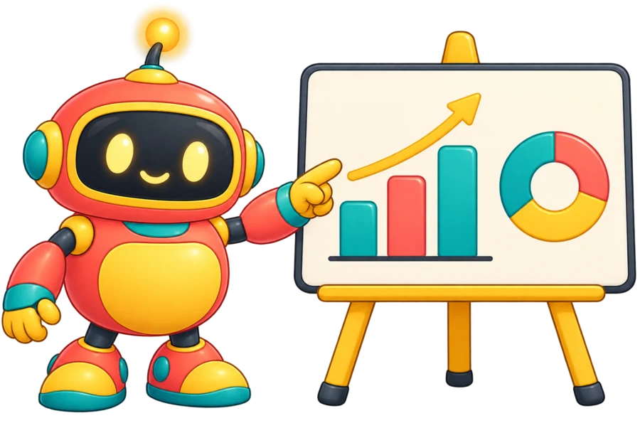 A friendly robot pointing at a board of charts