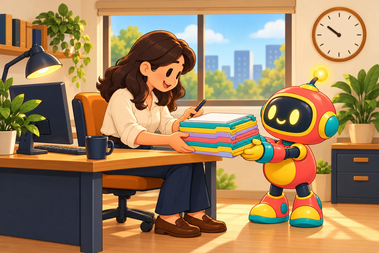 A friendly robot hands a finance manager a neat stack of finished folders to review