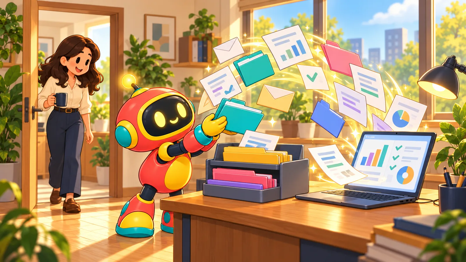 A robot sorts incoming statements into folders as the finance manager arrives with a coffee