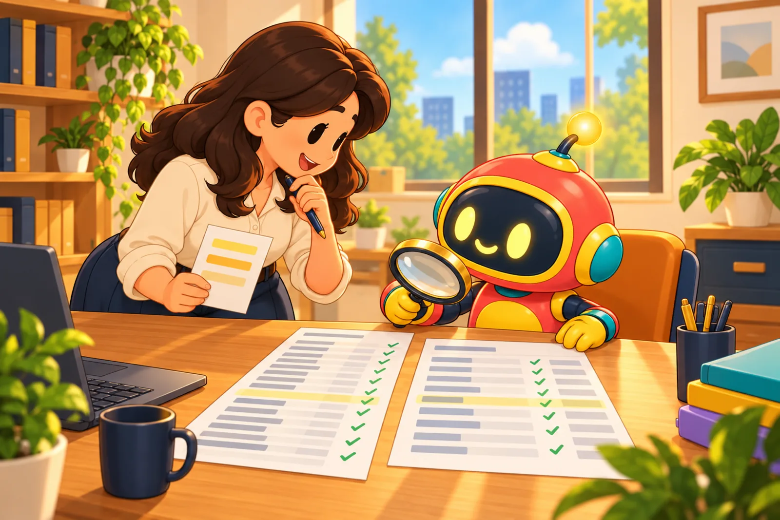 A robot compares a bank statement with the ledger through a magnifying glass while the finance manager reviews a short list