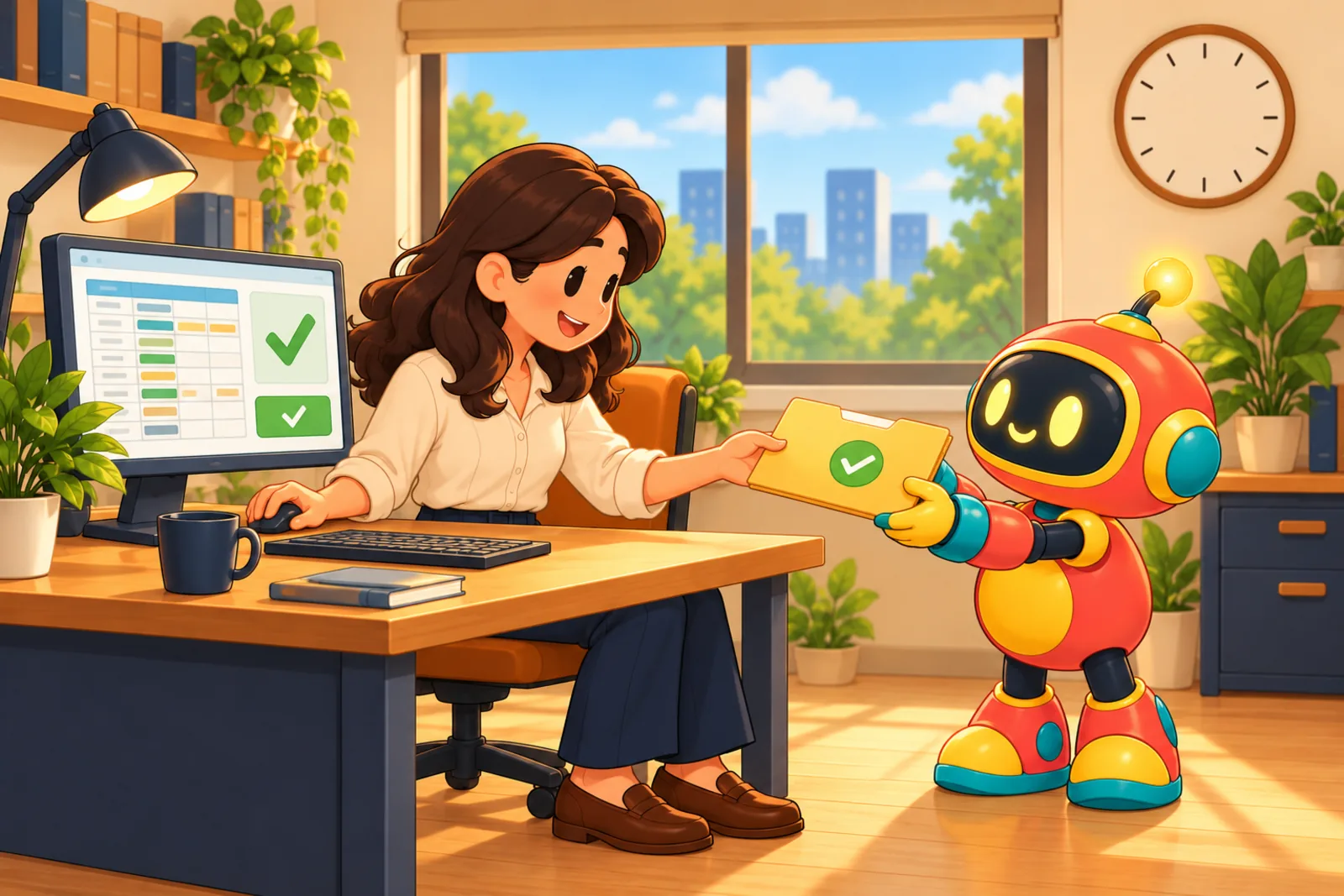 The finance manager approves entries on her monitor while a robot hands her a checked folder