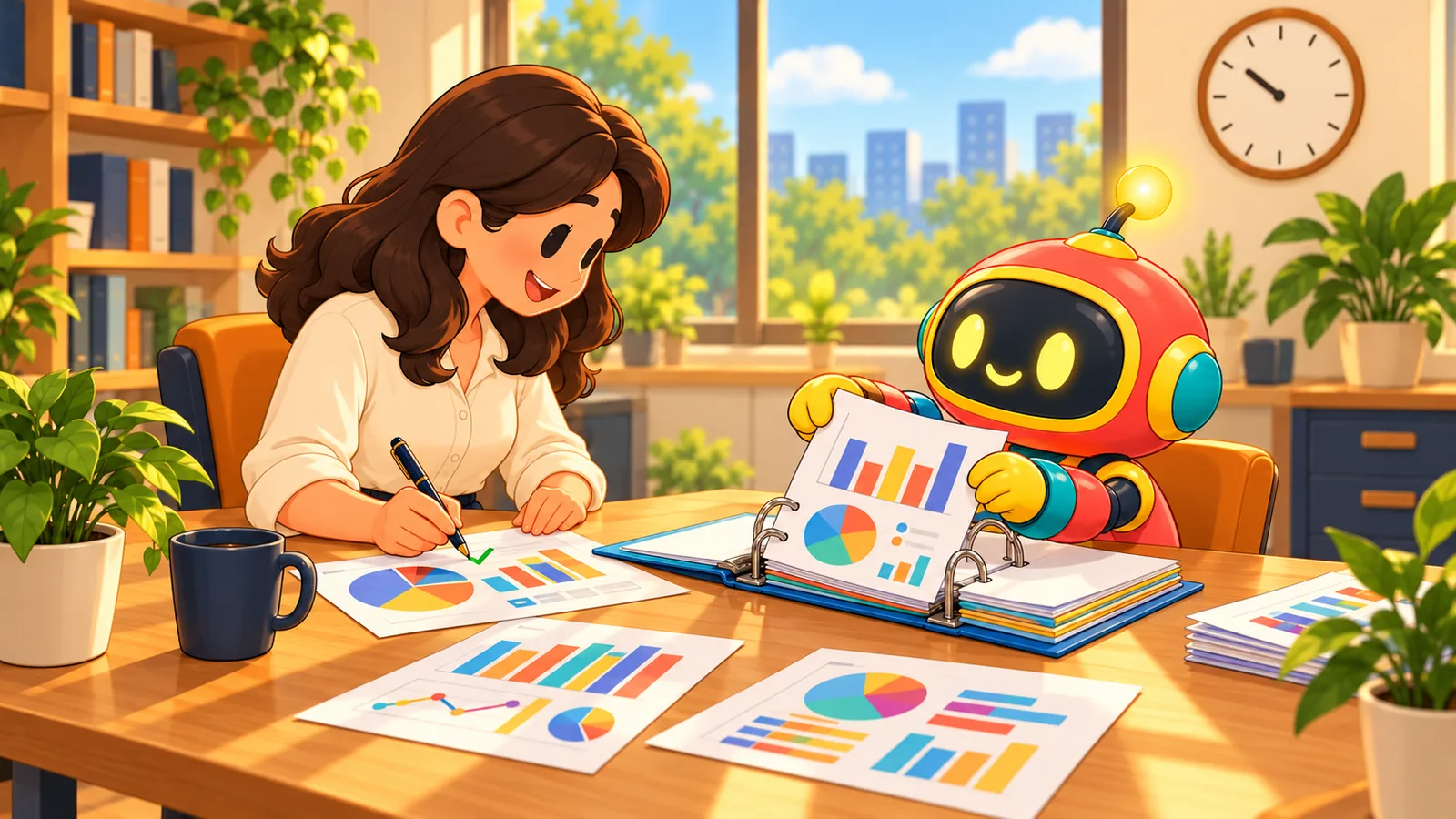 A robot assembles a bound report of charts while the finance manager marks up a page