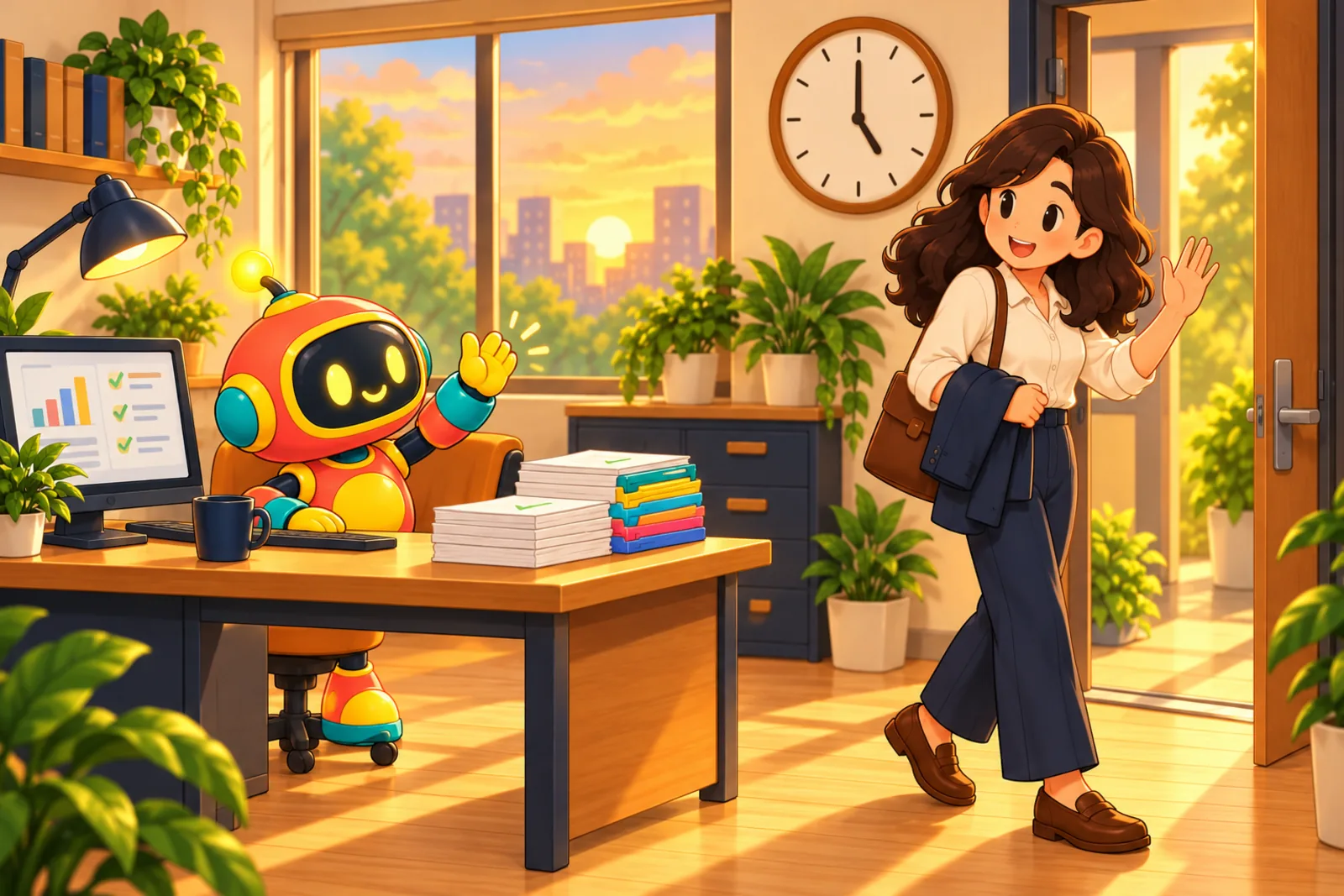 The finance manager leaves the office in the late afternoon, waving to a robot at a tidy desk
