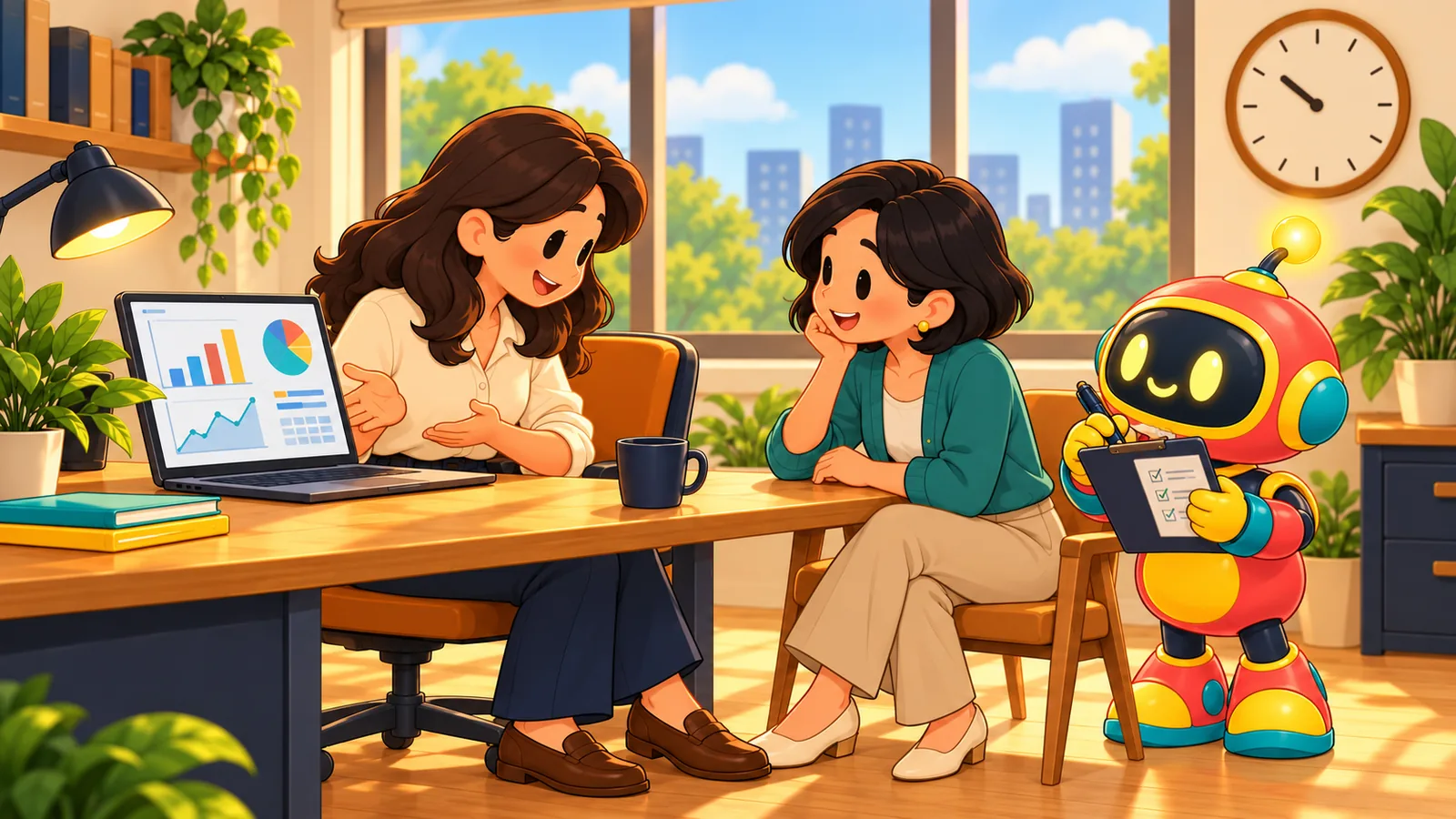 The finance manager shows her process on a laptop to a visiting consultant while a robot takes notes