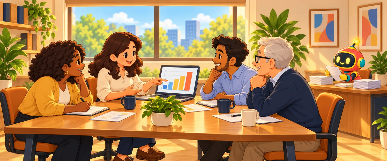 The finance team talks through a chart with a school principal while a robot works through a stack of paper in the background