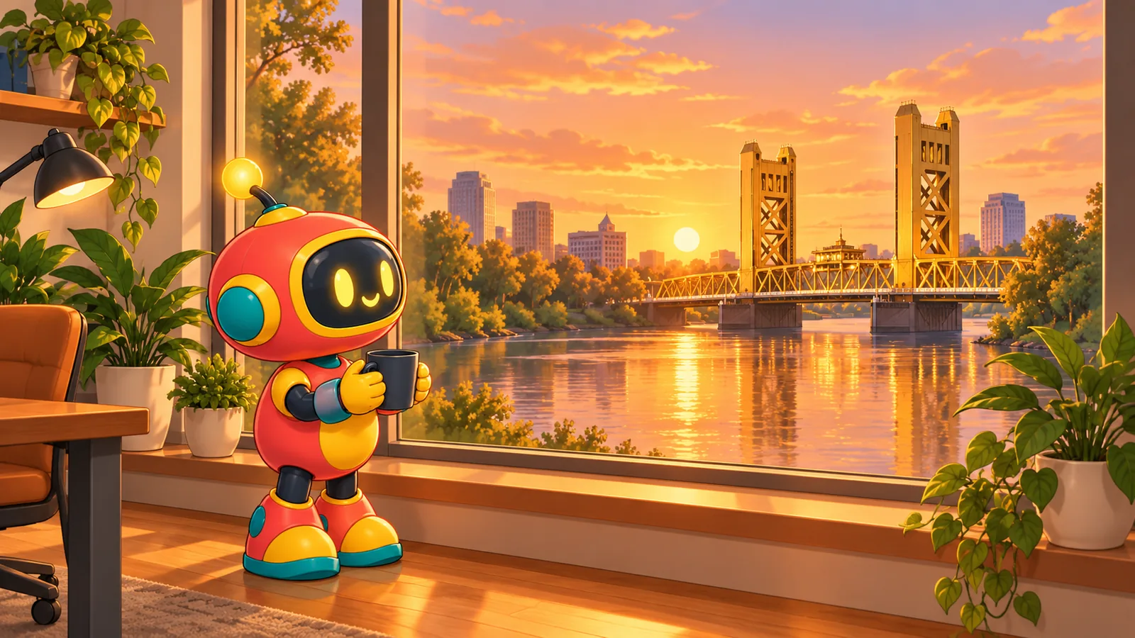 A friendly robot with a coffee mug looks out of an office window at a river and a golden lift bridge at sunset