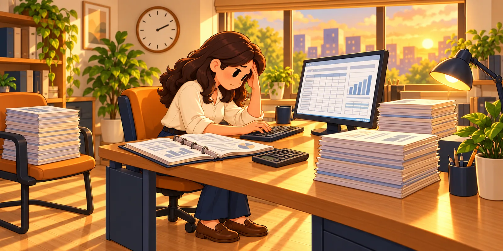 A weary finance manager re-types figures from a printed report into a spreadsheet late in the afternoon, surrounded by stacks of statements